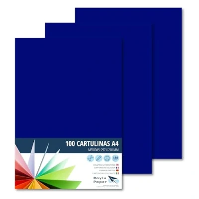 Imagen de Raylu Paper® Cartulinas A4 100 unidades de color azul, 180gr 210 x 297 mm, Ideal para encuadernación, trabajos oficina, dibujo, manualidades. aptas uso escolar. (Azul Ultramar)