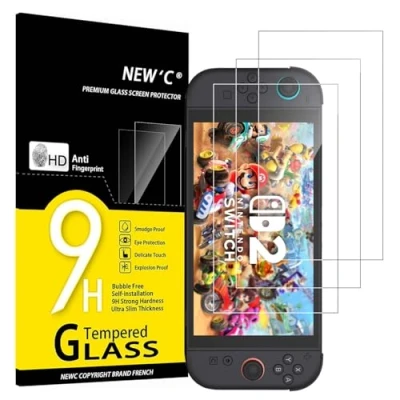 Imagen de NEW&#039;C 3 Piezas, Protector Pantalla para Nintendo Switch 2, Cristal templado Antiarañazos, Antihuellas, Sin Burbujas, Dureza 9H, 0.33 mm Ultra Transparente, Resistente
