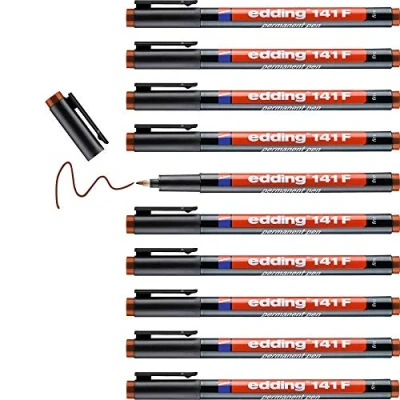 Imagen de edding 141 F rotulador permanente 10 rotuladores marrón punta redonda de 0,6 mm bolígrafo para escribir sobre cristal, plástico,láminas y superficies lisas secado rápido, no mancha,impermeable