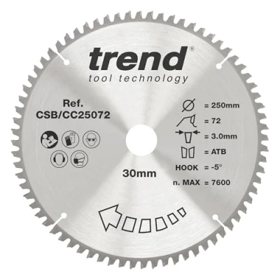 Imagen de Trend CraftPro Hoja de sierra circular TCT corte transversal con gancho negativo, 250 mm diámetro x 72 dientes 30 interior, punta carburo tungsteno, CSB/CC25072