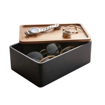 Imagen de Yamazaki 5166 RIN Caja de almacenamiento accesorios, negro, Polipiedra/Madera, minimalista, 18.5 x 12.5 7 cm