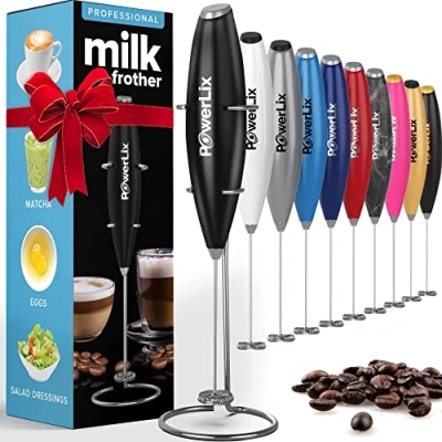 Imagen de Powerlix Espumador de Leche Eléctrico Mano Batidora Espuma con soporte acero inoxidable, 15 20s, potente 19000 rpm, Batidor para Café leche, Negro Metálico