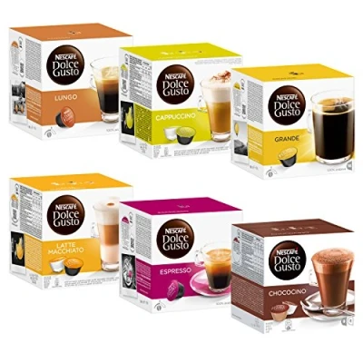 Imagen de Nescafé Dolce Gusto Set Basic: Lungo, Cappuccino, Latte Macchiato, Espresso, Chococino, Crema Grande, 6 x 16 Cápsulas