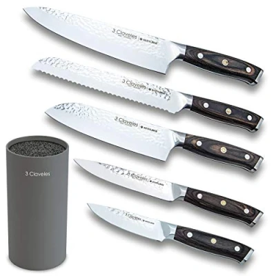 Imagen de 3 Claveles Juego de 5 cuchillos cocina profesionales acero inoxidable cocinero con soporte fibras kimura