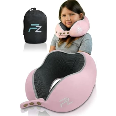 Imagen de FLOWZOOM Almohada de Viaje para Niños Mayores 6 Años Cojín Ajustable Que Alivia Tensión Cervical Viscoelástica y Suave, Coche, Tren Avión Comfy Kids, Rosa