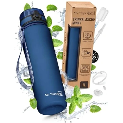 Imagen de My Vesperbox Minny Botella infantil a prueba de fugas 750 ml con pajita o colador agua ligera Tritán Sin BPA para guardería, escuela (azul oscuro ml)