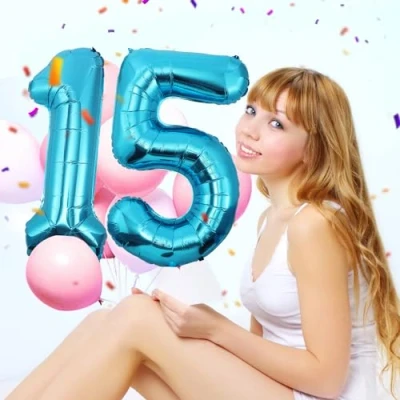 Imagen de Globos de 15 cumpleaños,Azul pulgadas Globo número, decoraciones número cumpleaños para hombre y mujer, inflable lámina Azul