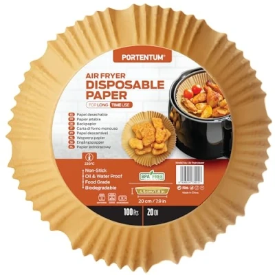Imagen de Papel freidora aire PORTENTUM 100 unidades Food Grade BPA free de 20 24 cm Air Fryer Redondo, para freidoras sin aceite 5 a 8 litros Ideal Cocinar Saludablemente
