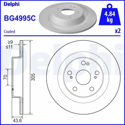 Imagen de DELPHI BG4995C Disco de freno 305 11 5 macizo revestido sin procesar cojinete rueda, anillo sensor ABS HONDA: CIVIC 10