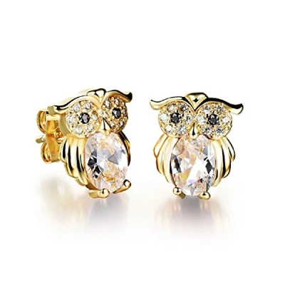 Imagen de Crystalline Azuria Mujer 18ct Chapado en Oro Búhos Blanco Cristales de Zirconia Pendientes tuerca para y Niña