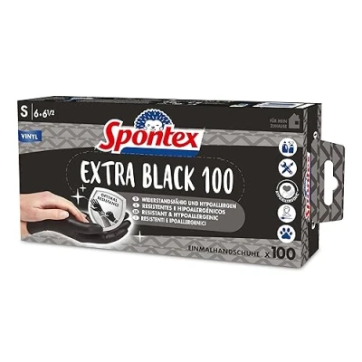 Imagen de Spontex Extra Black Guantes desechables de vinilo, sin polvo y látex, versátiles, en práctica caja dispensadora, talla S, paquete 100 unidades, color negro