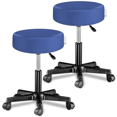 Imagen de CASARIA® Juego de 2 Taburetes Ruedas Altura Regulable 46 60cm Giratorio 360 Acolchado 10cm Taburete Redondo Ø35cm Azul