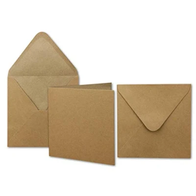 Imagen de juego de 50 tarjetas papel estraza cuadradas 13,5 x cm con sobres carta, vintage recicladas, para invitaciones