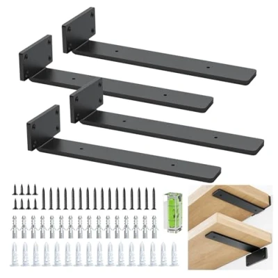Imagen de Palomillas Para Estanterias, Paquete De 4 Soportes Pared Estantes, Estantes Negros, En L Metal Resistente Montaje (Negro, 25 Cm/10 Pulgadas)