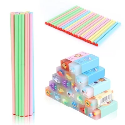 Imagen de PBUSPU 20 Lapices Gomas, Juego de Gomas Borrar 4 Colores Cuerpo Diferentes con Motivos,Material Escolar Adecuado para el Aprendizaje