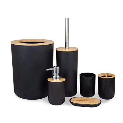 Imagen de MisFox Juego de 6 Piezas Accesorios Baño Bambú con Dispensador Jabón, Cubo Basura, Vaso para Cepillo Dientes, Soporte Jabonera y Escobilla Inodoro Negro