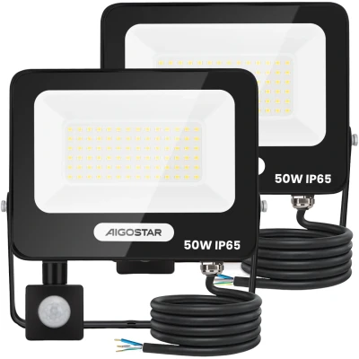 Imagen de Aigostar 50W Foco LED Exterior con Sensor Movimiento PIR,2 piezas,4600LM Super Brillo Proyector LED, IP65 Impermeable,Blanco Natural 4000K,Luz de Seguridad para Interior,Jardín,Patio,Garaje