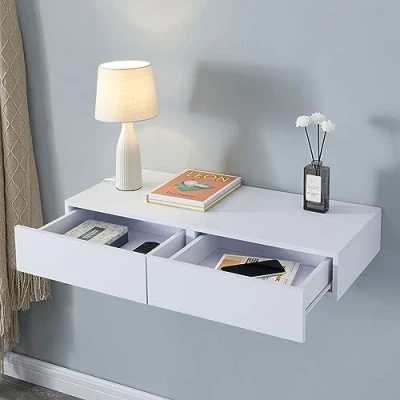 Imagen de [en.casa] Estanteria Pared con 2 Cajones hasta 5 kg Mesilla de Noche Mural Estante Dos MDF Recubierto PVC 80 x 35 12 cm Blanco
