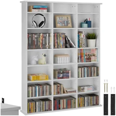 Imagen de TecTake Estantería para CDs, Mueble DVDs, Torre de pared, Librería, Alto, Tamaño 136,5cm (blanco mate)