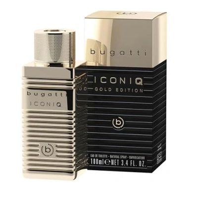 Imagen de bugatti perfume para hombre Iconiq Gold Edition 100 ml I Eau de Toilette con bergamota, notas afiladas, lirio espada y almizcle, sensual seguro sí mismo, hombres cítricos