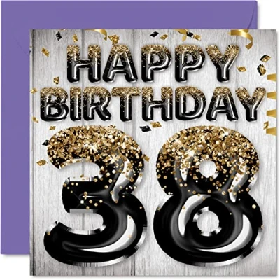 Imagen de Tarjeta de cumpleaños número 38 para hombres, globos con purpurina negra y dorada, tarjetas feliz hombre años, amigo, hermano, papá, tío, 145 mm x mm,