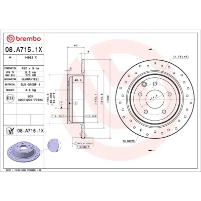 Imagen de BREMBO Disco de freno NISSAN: Qashqai / Qashqai+2 I, Juke, NV200 Furgón Familiar 292mm 9mm 5 macizo, perforado 08.A715.1X Discos freno,