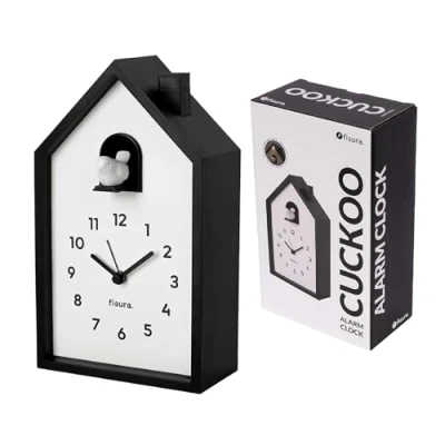 Imagen de Fisura Despertador Cuco casita Blanco y Negro. analógico Original. de Agujas con botón Snooze luz. 3 Pilas AA (no Incluidas)