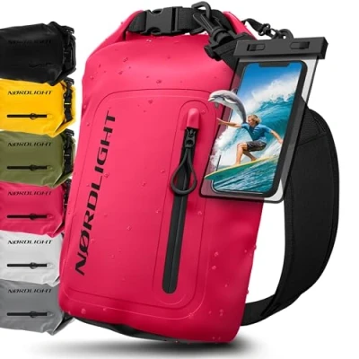 Imagen de Nordlight Bolsa Estanca Impermeable + Funda para Móvil, Cierre Enrollable, Correa Hombro Drybag Mochila Saco Estanco de Transporte Náutica Playa Sup Rosa, 10 litros