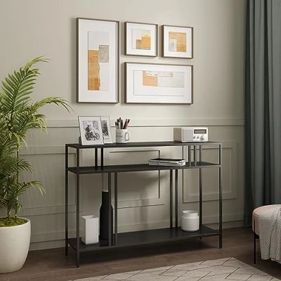 Imagen de [en.casa] Mueble Entrada Mesa Consola con 2 Estantes para Salón Recibidor Dormitorio Resistente a los Arañazos Estructura Metálica 78 x 110 30 cm Negro