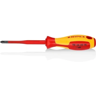 Imagen de Knipex Destornillador (Slim) para tornillos cruciformes Phillips® bruñido, mango aislante en dos componentes, según norma VDE 212 mm 98 24 02 SL