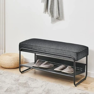 Imagen de [en.casa] Banco Zapatero Lillehammer para Dormitorio Entrada 3 Pares de Zapatos Mueble Recibidor Asiento Tapizado Metal Textil 90 x 37 42 cm Negro