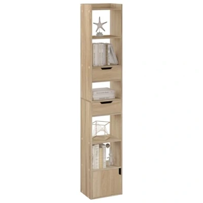 Imagen de WOLTU Libreria Alta, Estanteria Alta de 6 Compartimentos, 2 Cajones y 1 Armario con Puerta, Estante Almacenaje para Exposicion, Piso Salon Oficina, Roble Claro, SK042hei