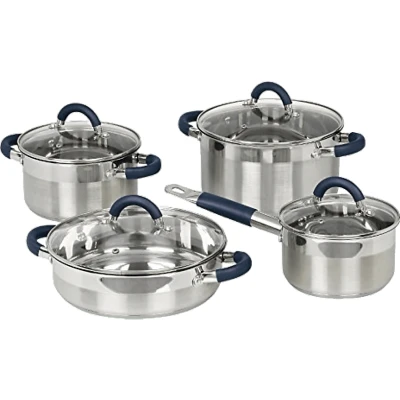 Imagen de Jata BC8 Batería Cocina 8 piezas de Acero Inoxidable, Antiadherente, Apta para Todo Tipo Cocinas Incluso Inducción, Tapa Vidrio Temperit