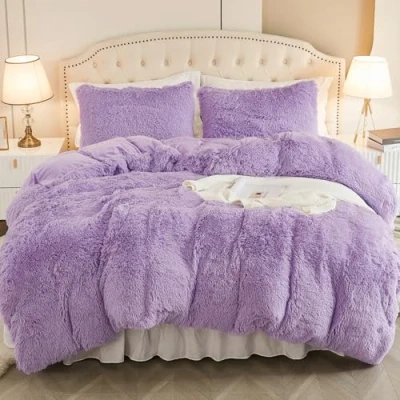 Imagen de EMME juego de ropa cama felpa, 220 x 240 cm, franela mullida, para y suave 1 funda almohada 80 color morado