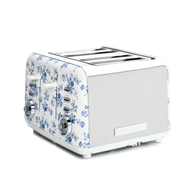 Imagen de VQ Laura Ashley 4 Ranuras Tostadora Pan con Modos de Calefacción, Descongelación y Recalentamiento Ajustables. Acero Inoxidable Vintage Soporte para Calentar Croissants China Rose