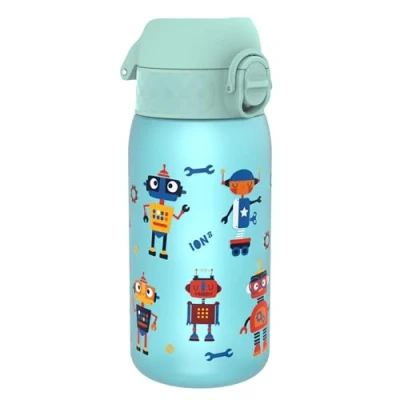 Imagen de Ion8 Botella de Agua para Niños, 350ml, a Prueba Fugas, Fácil Abrir, Cerradura Segura, Apta Lavavajillas, Sin BPA, Asa Transporte, Limpiar, Neutro en Carbono, Diseño Robots