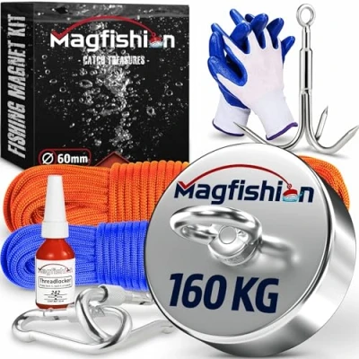 Imagen de Magfishion Juego de Pesca Magnética 160 KG Imanes Neodimio Iman Potente Imán Con 2x Cuerdas (10M &amp; 20M) Guantes Triple Gancho Ojal magnético Ø 60 mm