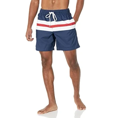 Imagen de Amazon Essentials Bañador de Secado Rápido 18 Cm colores interrumpidos Hombre, Azul Marino Rojo Blanco Rayas, S