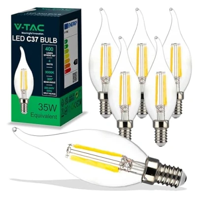 Imagen de V TAC 6x Bombillas LED Vela Filamento E14 4W (Equivalente a 35W) 400 Lumen Bombilla Vintage Retro Máxima Eficiencia y Ahorro Energético Luz Blanco Cálido 3000K
