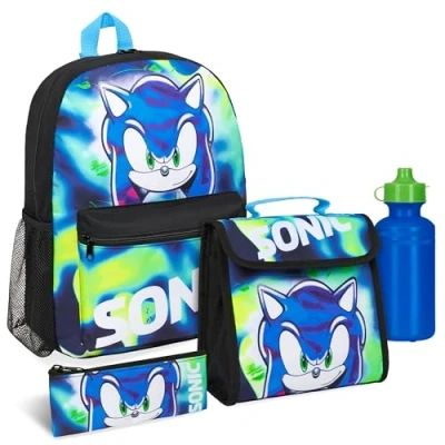 Imagen de Sonic Set de 4 Piezas con Mochila, Bolsa, Estuche y Botella para Niños (Azul/Verde)