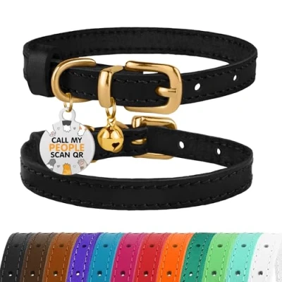 Imagen de BRONZEDOG Collar de cuero para gato con campanas, etiqueta QR gatito no separable niña y niño (negro dorado, 18 22 cm)