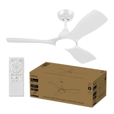 Imagen de Philips Ventilador de techo aspas fijas, 3 aspas, pequeño (42&quot;) Luz LED 28 W, motor CC, gama temperaturas color (3000K,4300K,6500K) con función atenuación, mando a distancia incluido