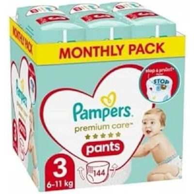 Imagen de Pampers Pants pañales Talla 3 (6 11 kg), Premium Care, paquete de 144 unidades, con bolsillo para parada y protección a prueba fugas en la parte trasera