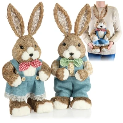 Imagen de com four® 2X Conejito de Pascua Decorativo Paja Conejitos Hechos a Mano 42 cm (02 Pieza 42cm Mujer + Hombre)