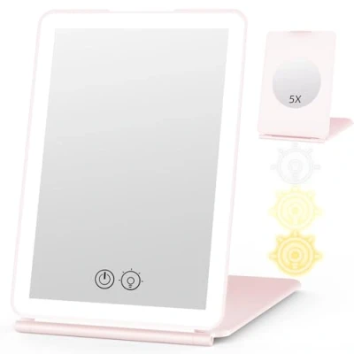 Imagen de WEILY Espejo Maquillaje con Luz, 5X Aumento, 3 Regulable Colores Pantalla Táctil Led, Tocador USB Recargable para Viajes (Rosa)