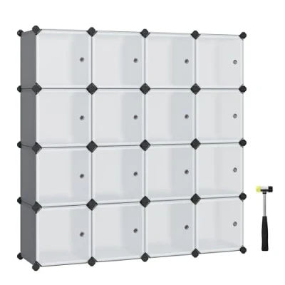 Imagen de SONGMICS Estantería Modular, Armario Modular de 16 Cubos, Plástico con Puertas, para Zapatillas, Ropa, Libros, Fácil Montar, Gris y Blanco LPC443G01