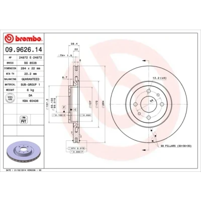 Imagen de BREMBO 09.9626.14 Disco de freno 284 22 4 ventilación interna FIAT: Coupe, Tipo Hatchback, LANCIA: DELTA 2, ALFA ROMEO: 146