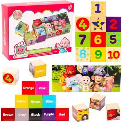 Imagen de Toyland® Cocomelon Bloques de Cubo Madera con 4 Rompecabezas imágenes Juguetes educativos para niños pequeños construcción