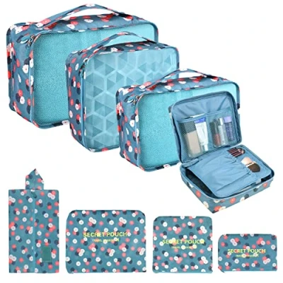 Imagen de Coolzon Organizador de Equipaje,8 en 1 Set Organizadores Viajes Impermeable Maleta Bolsa,Cubos Embalaje Para Ropa,Cosméticos,Ropa Interior,Flor azul