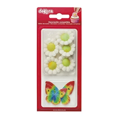 Imagen de Dekora Caja de 5 Flores Azucar Blancas y 4 Mariposas Oblea Multicolor Figuras Comestibles para Tartas Decoracion Tarta Cumpleaños Azúcar